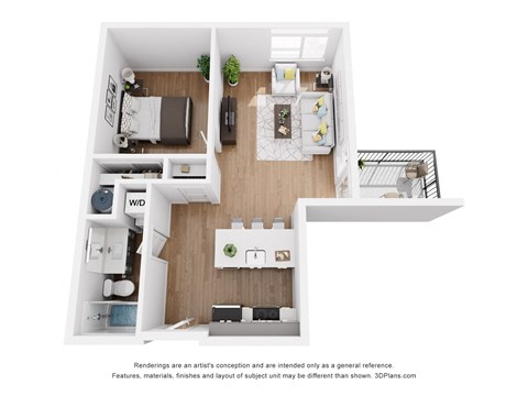 Floor plan for 1 bed, 1 bath, 678 sqft